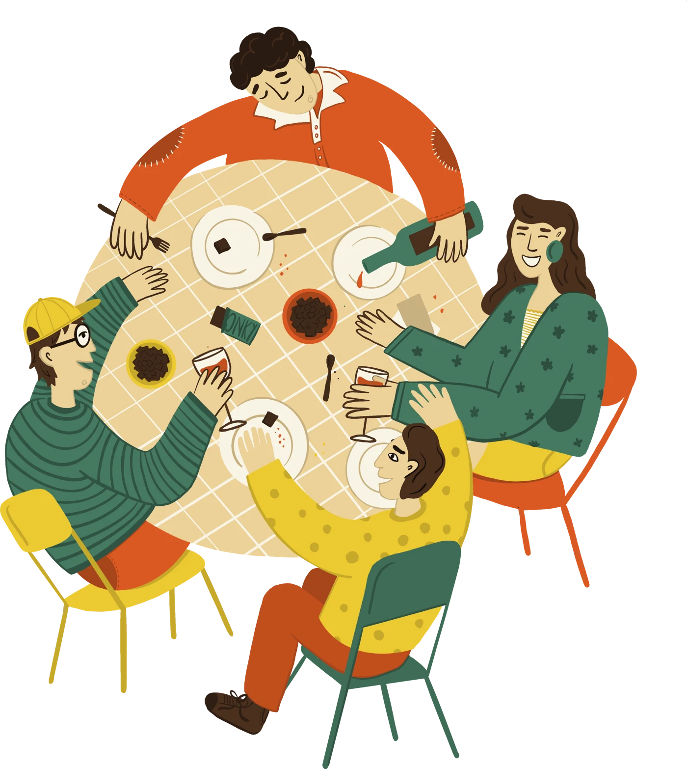 Ilustración: amigos alrededor de una mesa compartiendo vino y bocados de JONKY en la sobremesa